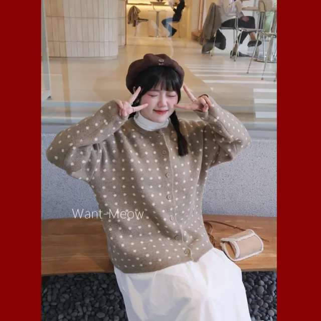 【Want-Meow】90公斤可穿復古波點軟萌高品質軟萌針織外套(大碼上衣/大碼/大尺碼/針織外套)