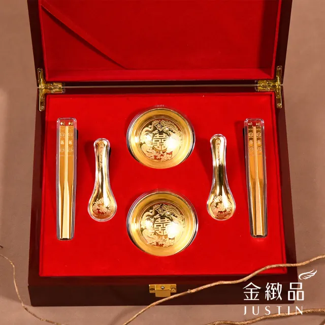 【金緻品】黃金擺件 龍鳳雙囍金碗筷勺 1.6錢 結婚金飾 嫁妝 新婚賀禮 婚慶禮物 衣食無憂 9999純金禮盒