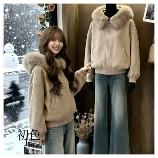 【初色】復古簡約純色寬鬆針織拉鍊毛領口袋連帽長袖外套女外套-卡其色-17386(F可選)