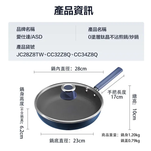 【ASD 愛仕達】鈦晶0塗層不沾平底鍋28cm