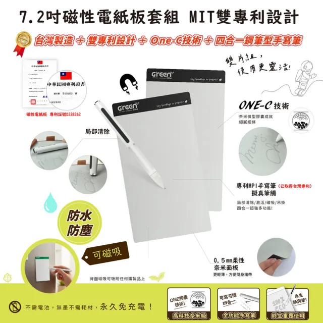 【Green Board 】7.2 吋磁性電紙板 MT7標準書寫組 - 黑色(0.5mm超薄軟性電子紙 局部清除手寫板)