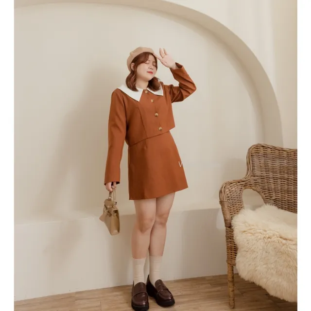 【Want-Meow】75公斤可穿/長袖學院風領短裙套裝2件套(大碼/大尺碼/加大碼/短裙套裝)