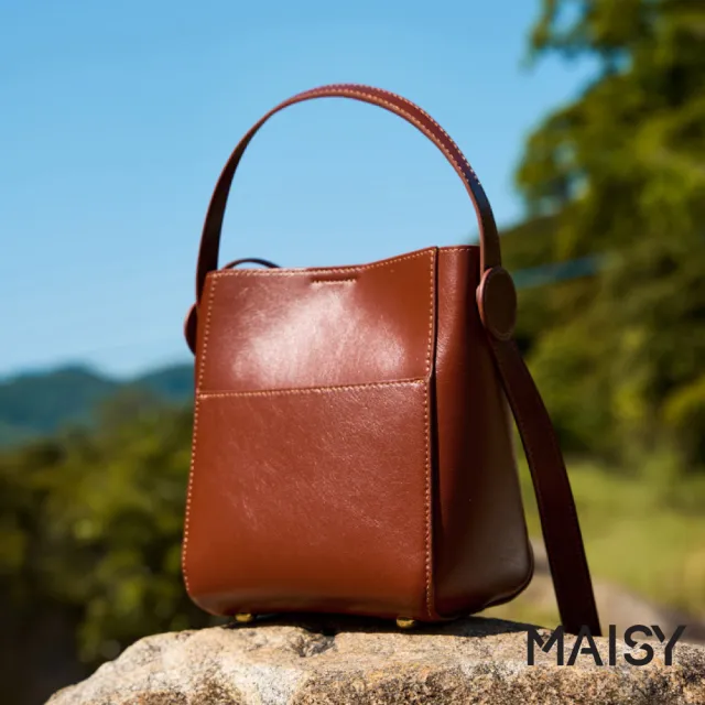 【MAISY】百搭真皮質感高級水桶包 斜跨包 手提包(共五色)
