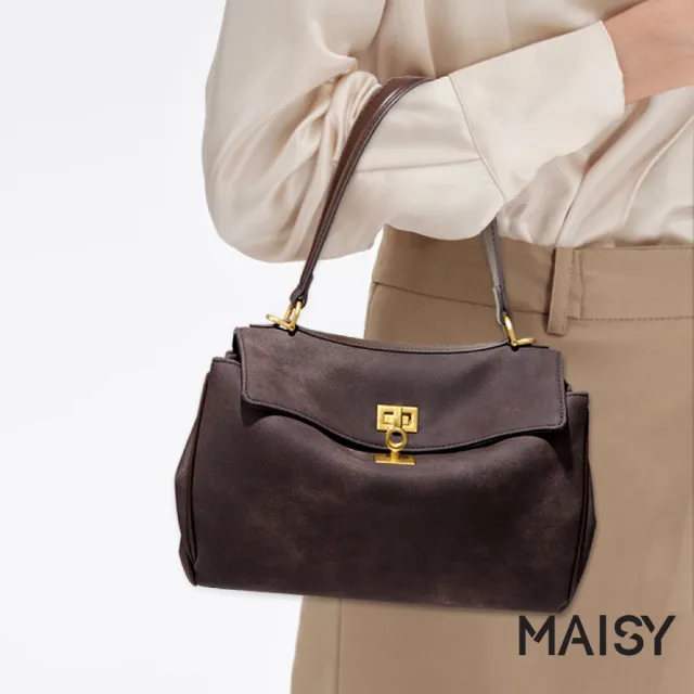 【MAISY】復古百搭雙金扣麂皮凱莉包 單肩包 斜跨包(松茶/暖灰/咖啡)