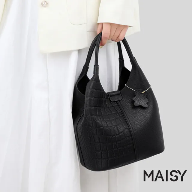 【MAISY】日系簡約荔枝紋軟皮亮澤手提包 斜跨包 單肩包(米白/卡其/黑)