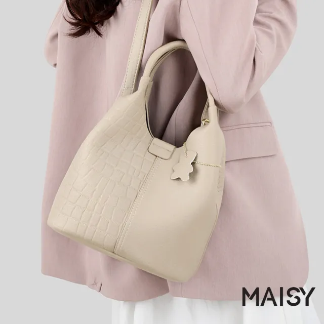 【MAISY】日系簡約荔枝紋軟皮亮澤手提包 斜跨包 單肩包(米白/卡其/黑)