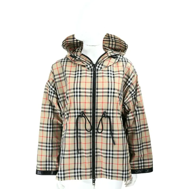 【BURBERRY 巴寶莉】Vintage 格紋徽標 抽繩連帽外套 女款-卡其色