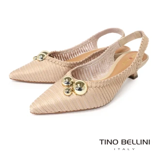 【TINO BELLINI 貝里尼】巴西進口 氣質女神金色圓球飾釦尖頭低跟鞋FW1T013-3(米色)