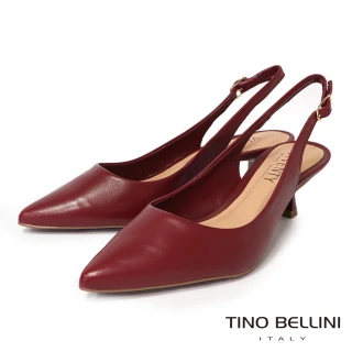 【TINO BELLINI 貝里尼】巴西進口 極致簡約真皮尖頭小貓跟露跟鞋FW1V018-A(酒紅色)