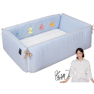 【gunite】多功能第三代落地式沙發嬰兒陪睡床0-6歲 四件組 床墊+床圍+止滑墊+床邊吊飾(丹麥藍)