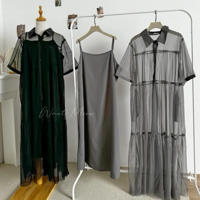【Want-Meow】90公斤可穿/日系兩件組長袖/短袖網紗寬鬆洋裝襯衫尾牙約會婚禮(大碼/大尺碼/加大碼/洋裝組)