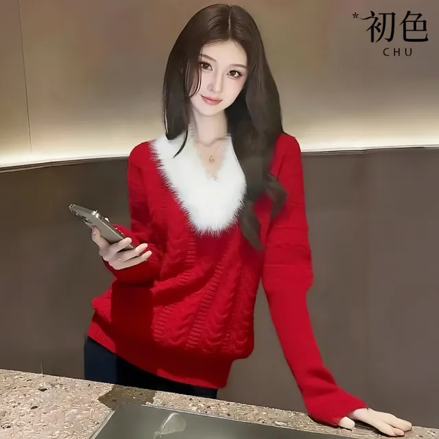 【初色】慵懶風毛V領拼接長袖寬鬆麻花針織毛衣上衣女上衣-紅色-18439(F可選)