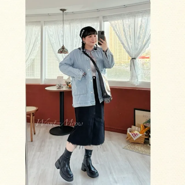【Want-Meow】100公斤可雙口袋大口袋斜紋布牛仔外套(大碼上衣/大碼/大尺碼/牛仔外套)
