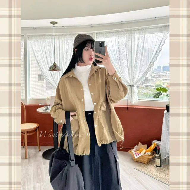 【Want-Meow】(出清品)90公斤可穿/簡約尼龍寬鬆中性風工裝質感襯衫外套(大碼/大尺碼/加大碼/襯衫外套)