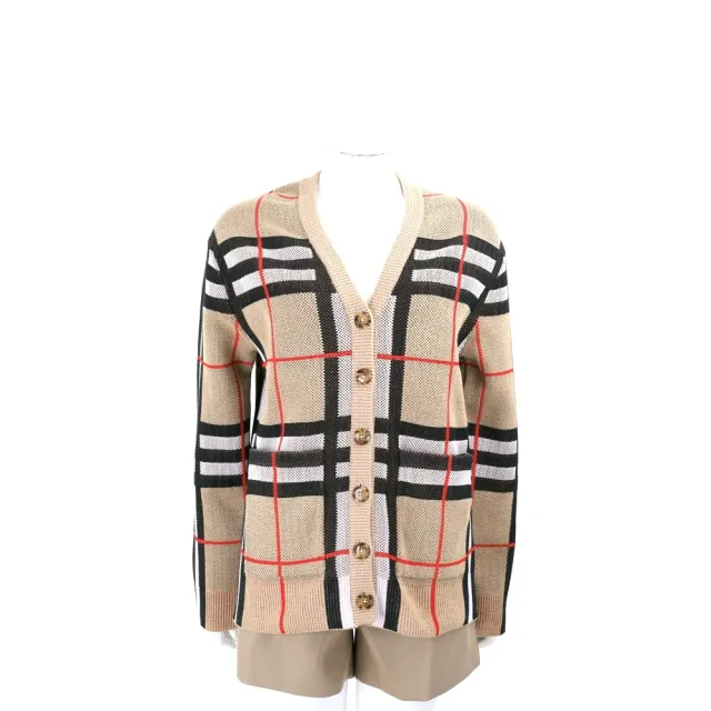 【BURBERRY 巴寶莉】格紋雙口袋 典藏米色開襟外套 針織衫 女款