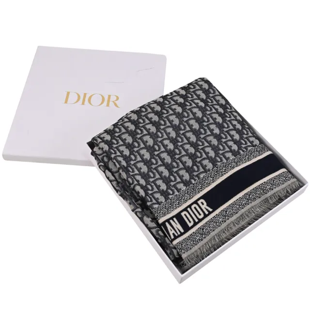 【Dior 迪奧】Oblique 品牌滿版緹花絲質混羊毛披肩大方巾(深藍)