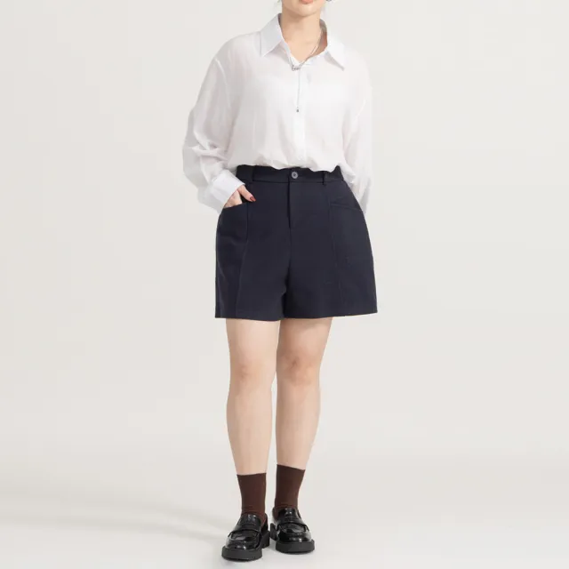 【M：MINb】遮胯必備口袋造型羊毛A字短褲(深藍/中大尺碼女裝/XL女裝/女裝/大尺碼短褲/肉肉女穿搭)