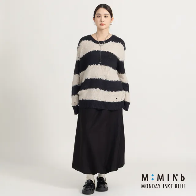 【M：MINb】鬆弛感黑白條紋粗針織上衣(黑色/中大尺碼女裝/XL女裝/女裝/肉肉女穿搭/長袖針織衫)