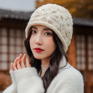 【AnnaSofia】針織帽加厚毛帽-鏤花手工美織捲邊 現貨(奶米系)
