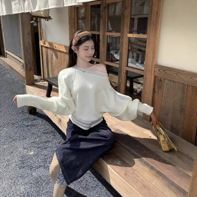 【D.studio】韓版絕美一字肩露肩針織上衣 毛衣 露肩上衣長袖上衣衣服保暖上衣秋冬女裝發熱衣保暖衣W695