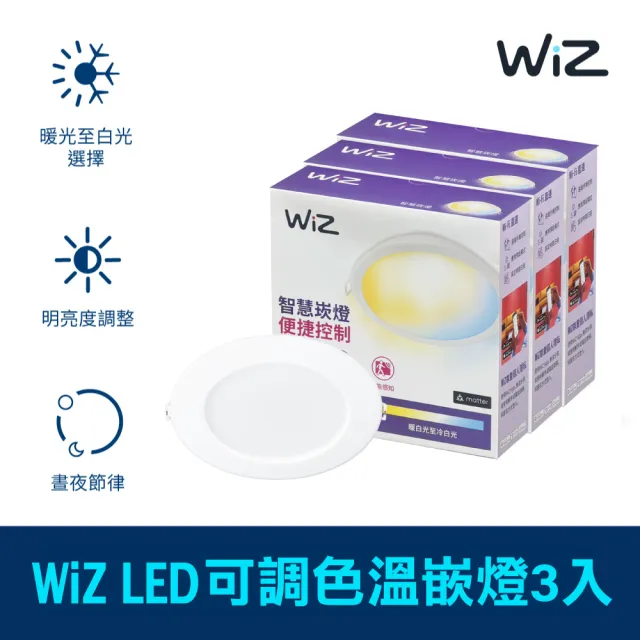 【PHILIPS 飛利浦照明】Wi-Fi WiZ 智慧照明 可調色溫嵌燈 3入組(PW003)