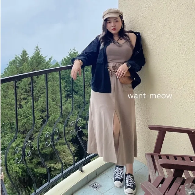 【Want-Meow】90公斤可穿/顯瘦鬆緊抽繩開衩A字版棉長裙(大碼/大尺碼/加大碼/長裙)