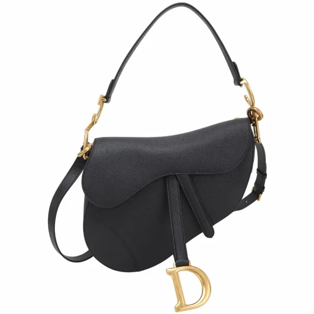 【Dior 迪奧】Saddle 粒面小牛皮附背帶手提 斜肩背馬鞍包-黑色