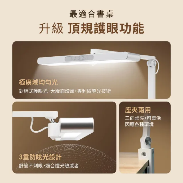 【喜光全光譜】晶靈燈 全光譜健康LED護眼檯燈(座夾兩用 入座感應 休息提醒)
