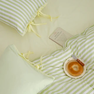 【翔仔居家】100%純棉 華爾紗 鋪棉被套床包組4件組-檸檬x開心果優格(單人/純棉床包/單人床包/床包被套)