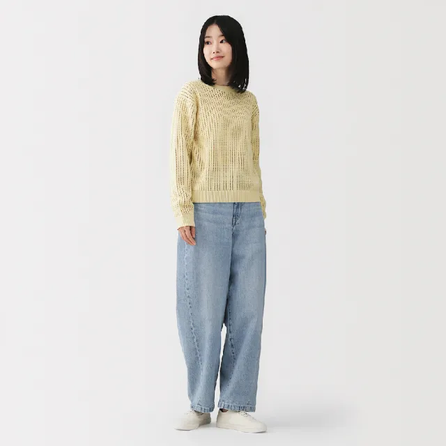 【MUJI 無印良品】女可水洗網織圓領針織衫(柔白/灰色/黑色/淺黃/淺綠/淺藍)