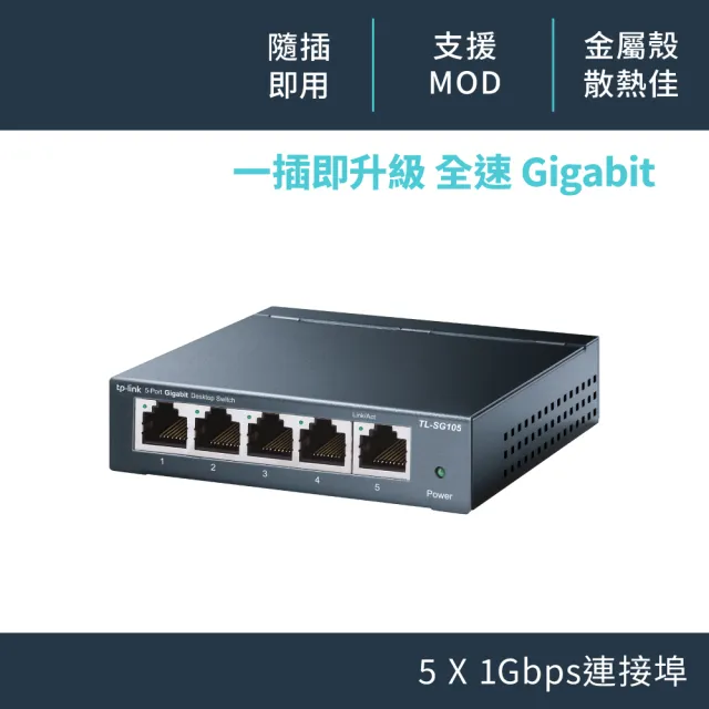 【TP-Link】5埠 Gigabit 桌上型 10/100/1000Mbps 專業級乙太網路交換器 隨插即用 鋼殼(TL-SG105)