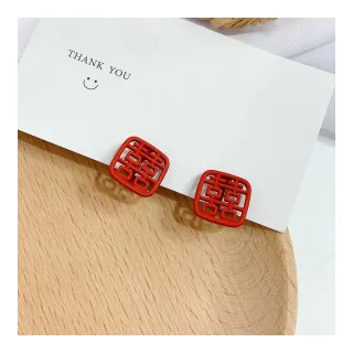 【MISA】韓國設計S925銀針中國風囍字造型耳釘(S925銀針耳釘 中國風耳釘 囍字耳釘)