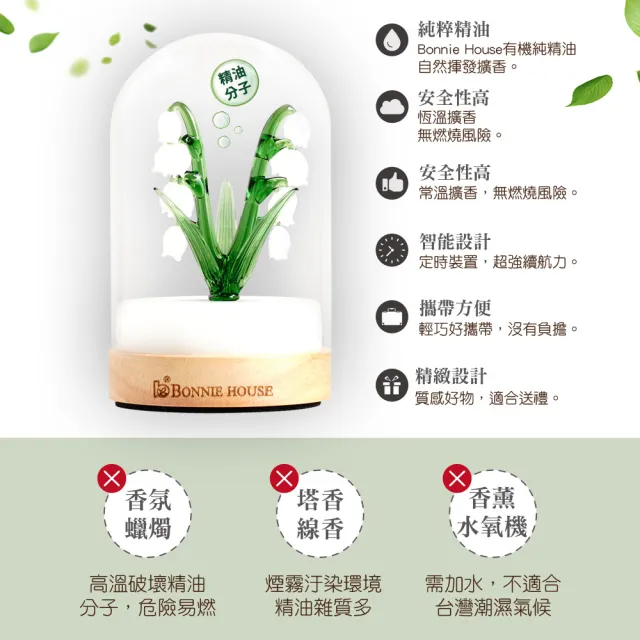 【Bonnie House 植享家】雙有機精油5ml（任選3入）＋手工鈴蘭恆溫擴香儀