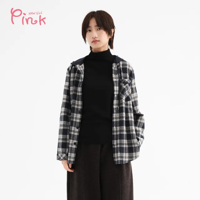 【PINK NEW GIRL】格紋排扣連帽上衣 (2色) Z4201AC