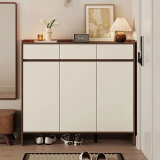 【hoi! 好好生活】預購60天★Linsy簡約奶油抽屜三門鞋櫃1.2M 胡桃+米色 OV4N