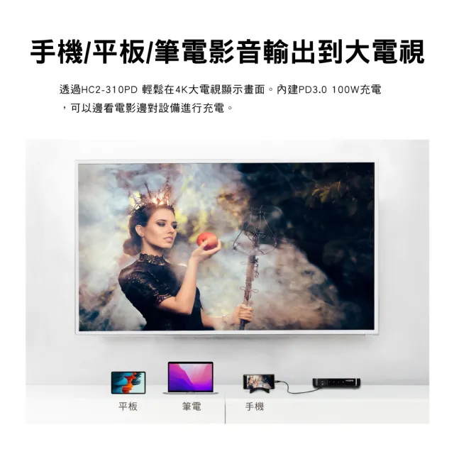 【-PX 大通】100瓦 Type C 快充 HDMI三進一出切換分配器USB-C手機轉電視3進1出協會認證(HC2-310PD)
