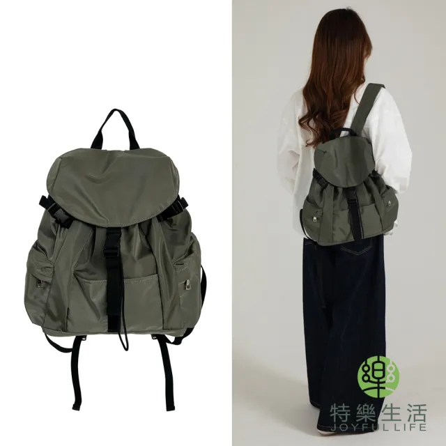 【JOYFUL LIFE 特樂生活】雙11 純色尼龍翻蓋束口後背包(手提包/單肩包/肩背包/後背包)