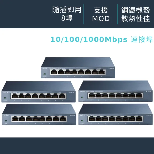 【TP-Link】五入組★8埠 Gigabit 桌上型 10/100/1000Mbps 專業級乙太網路交換器 隨插即用 鋼殼(TL-SG108)