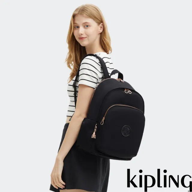 【KIPLING】魅力黑時尚拉鍊大開口後背包-DELIA M 女包