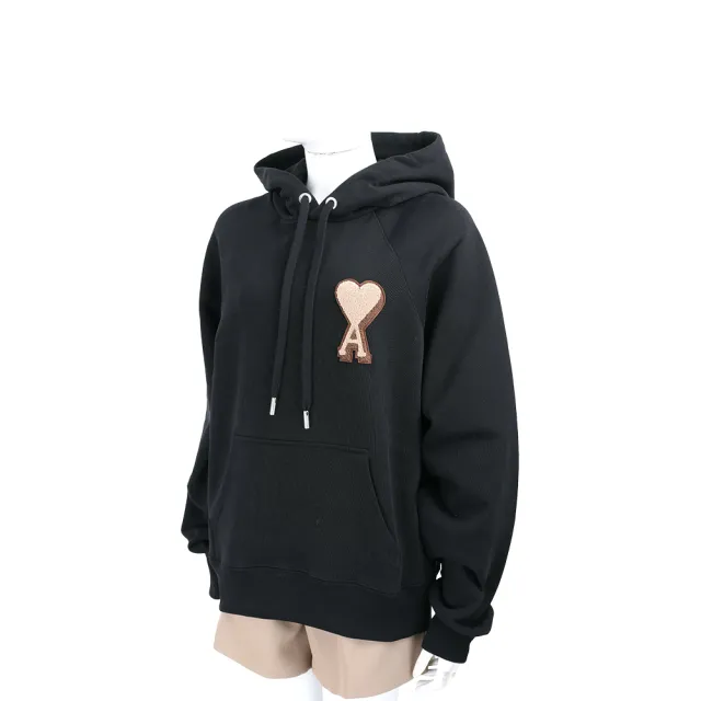 【AMI PARIS】Red Ami De Coeur 絨毛愛心A補丁 黑色抽繩連帽運動衫 大學T 男女可穿