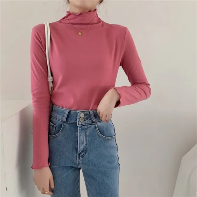 【baibeauty 白鳥麗子】韓系素面薄絨半高領木耳邊保暖長袖上衣