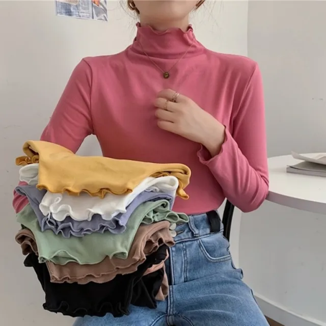 【baibeauty 白鳥麗子】韓系素面薄絨半高領木耳邊保暖長袖上衣