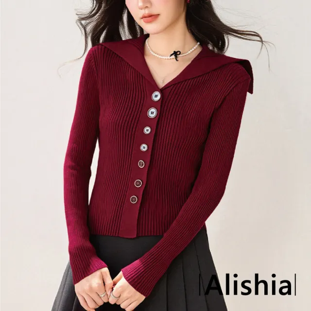 【Alishia】復古雙色翻領鈕扣修身長袖針織衫 上衣 打底衣(紅色/黑色)