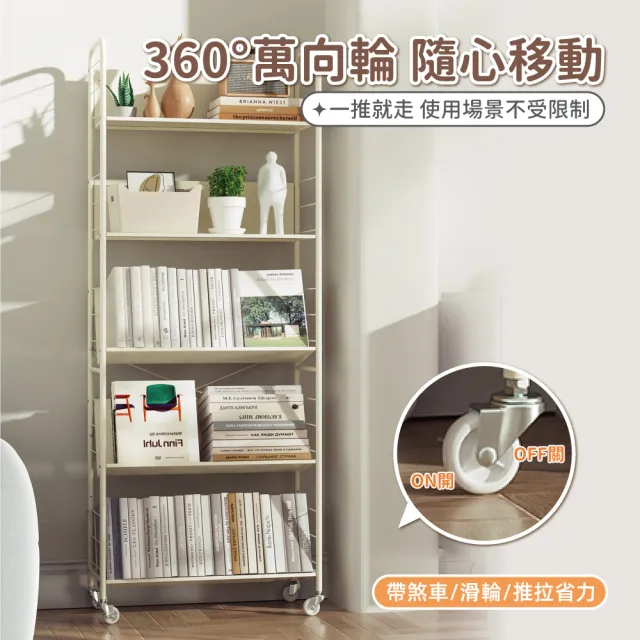 【慢慢家居】專人組裝-升級層板-奶油風超穩固可移動鐵藝五層書架(文件推車 兒童書架 移動書櫃 置物架)