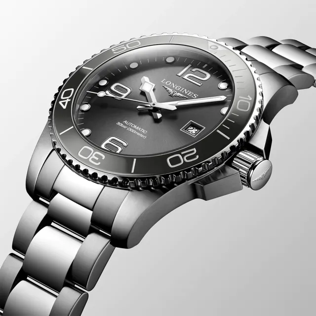LONGINES 浪琴】水鬼深海征服者浪鬼陶瓷潛水機械錶-灰x銀/43mm(L3