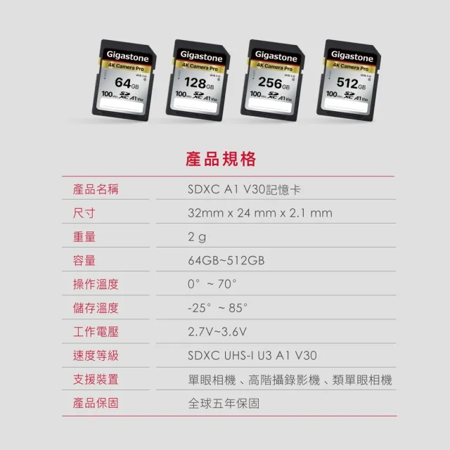 【GIGASTONE 立達】SDXC SD UHS-I U3 A1V30 4K 64GB高速記憶卡(64G 單眼相機/攝錄影機專用記憶卡)