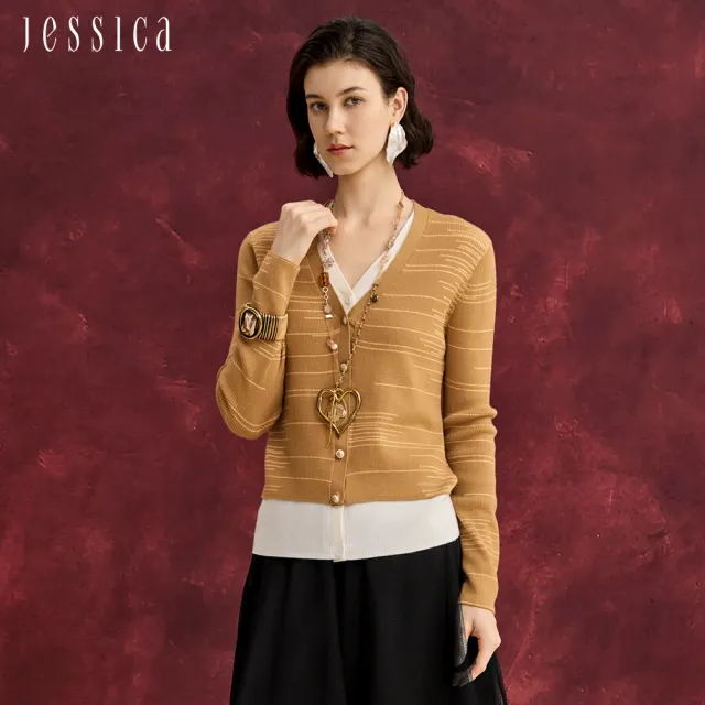【JESSICA】修身百搭羊毛假兩件針織開衫外套J54405（棕）