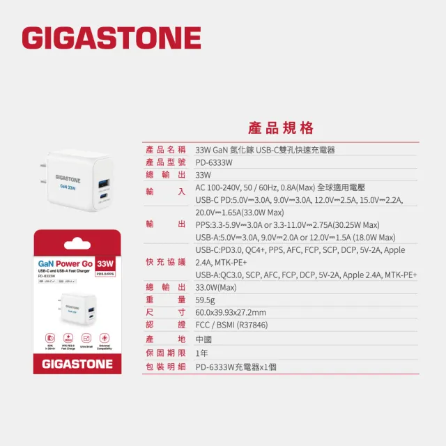 【Gigastone 立達國際】33W GaN氮化鎵兩孔USB-C快充充電器PD-6333W(支援iPhone17/Android/iPad)
