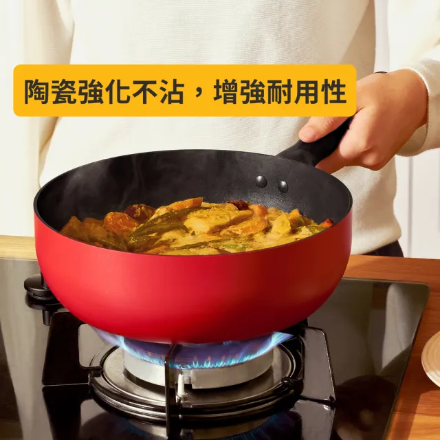 【MEYER 美亞】陶瓷不沾鍋 雙鍋組24CM - 革新紅系列(24cm平底鍋+24cm湯鍋含蓋)