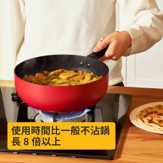 【MEYER 美亞】陶瓷不沾鍋 3鍋組 - 革新紅系列(28cm平底鍋+22cm小炒鍋+16cm湯鍋含蓋+木鏟)